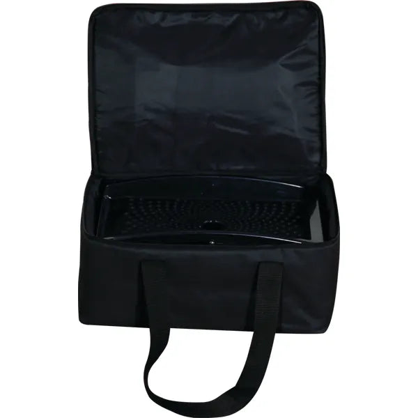 Open black carrying case with durable fabric, handle straps, and internal compartments for storage.
