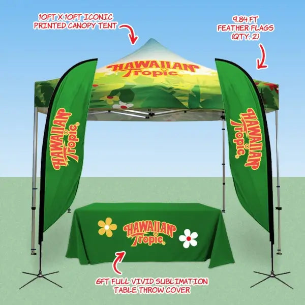 A Hawaiian Tropic branded booth with a tent, flags, and table cover. - Iconic Displays