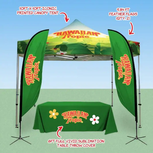 A Hawaiian Tropic branded booth with a tent, flags, and table cover. - Iconic Displays