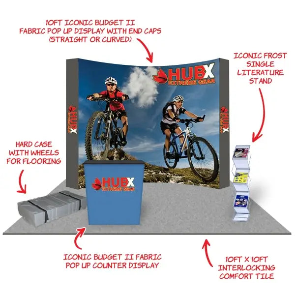 a bicycle-themed trade show booth with labeled components. - Iconic Displays