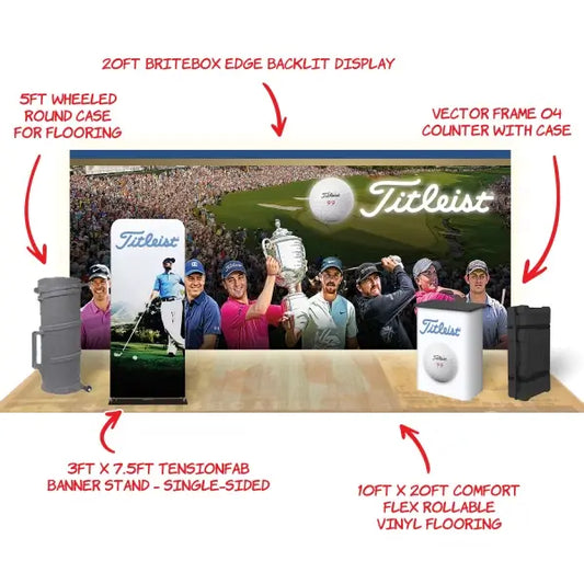 A golf-themed booth with labeled components. - Iconic Displays