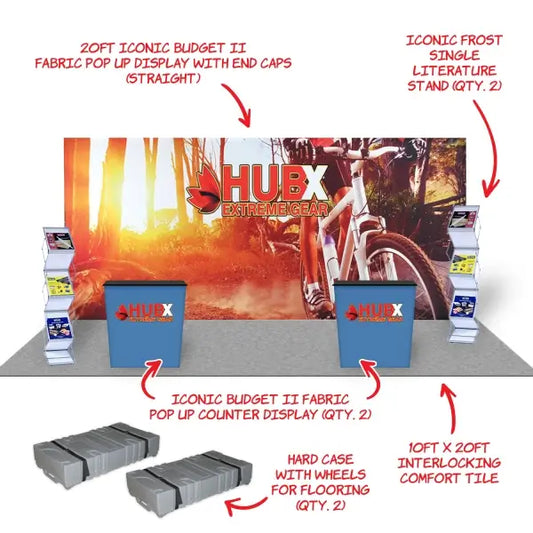 A trade show booth with a bicycle-themed display and labeled components. - Iconic Displays