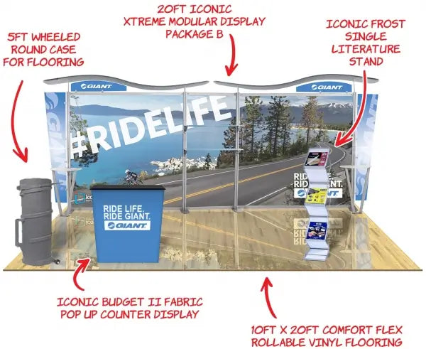 A diagram of a trade show booth with labeled components and a "RIDE LIFE" theme. - Iconic Displays