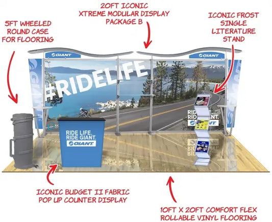 A diagram of a trade show booth with labeled components and a "RIDE LIFE" theme. - Iconic Displays