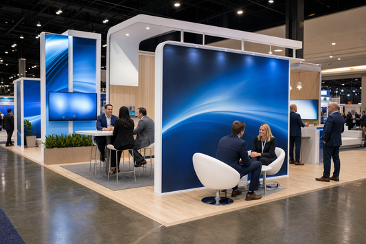 Double deck booths vs tension fabric for modern looks.