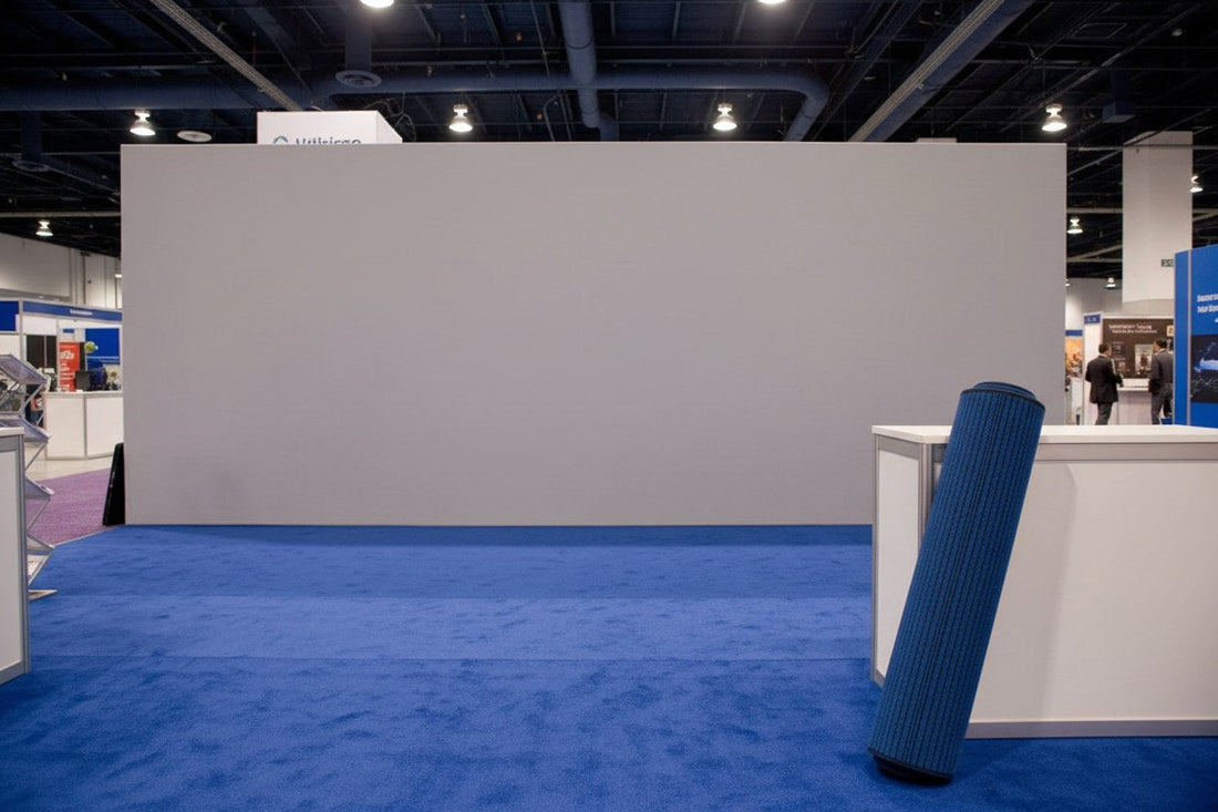 Rolls of durable trade show flooring material displayed in a showroom setting