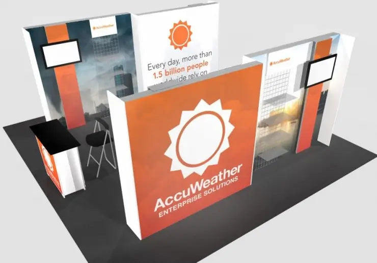 Large 20x20ft trade show display booth with branded graphics and modular panels.