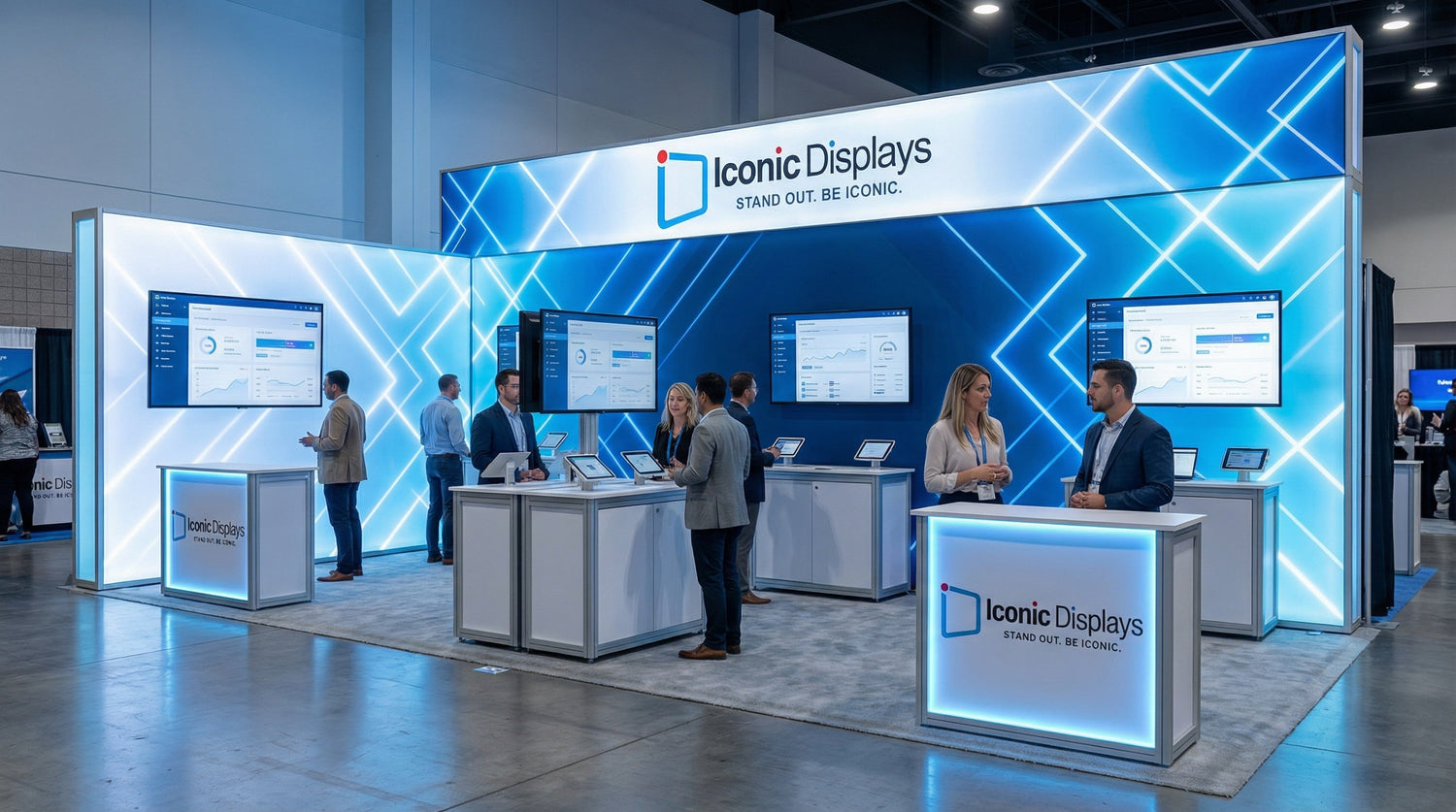 Trade show booth featuring construction, architecture, and engineering-themed displays with models and informational panels.