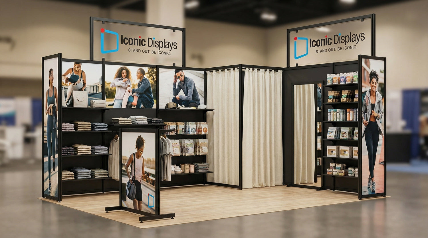 Trade show booth featuring construction, architecture, and engineering-themed displays with models and informational panels.