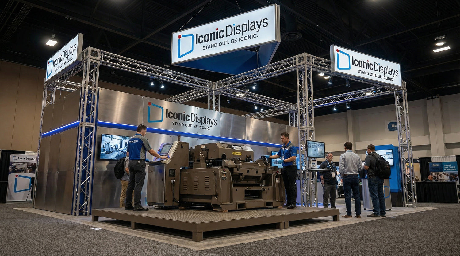 Trade show booth featuring construction, architecture, and engineering-themed displays with models and informational panels.