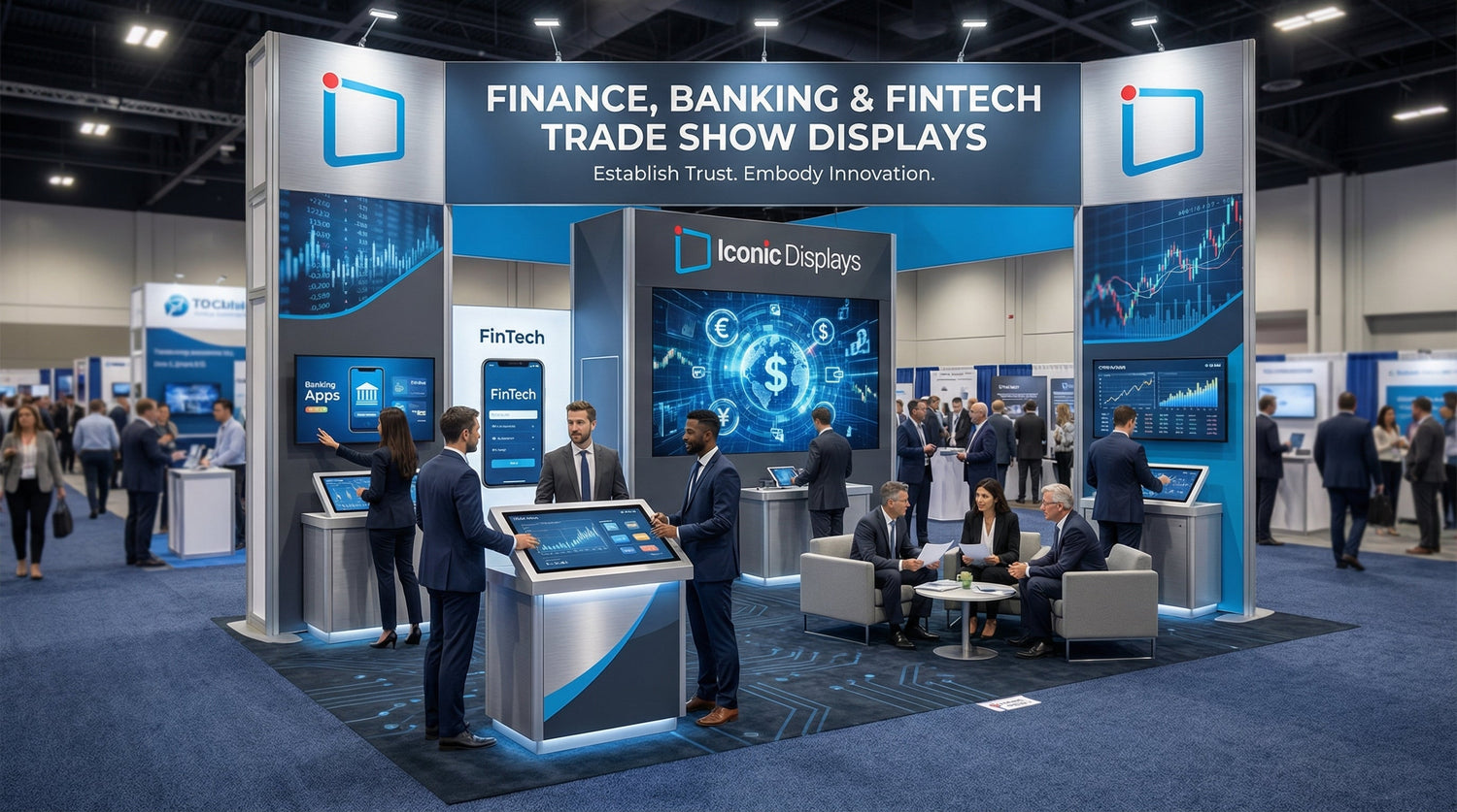 Trade show booth featuring construction, architecture, and engineering-themed displays with models and informational panels.