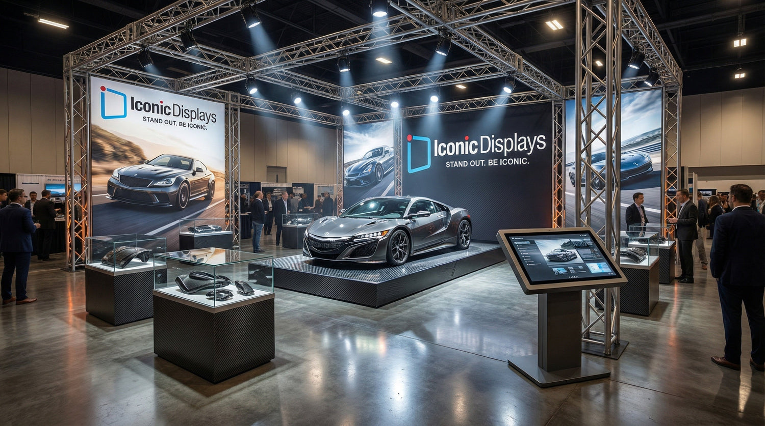 Trade show booth featuring construction, architecture, and engineering-themed displays with models and informational panels.