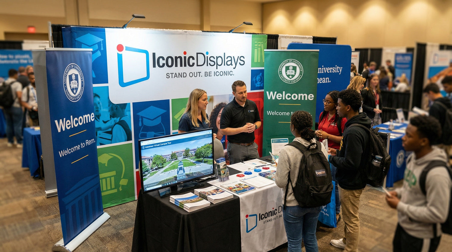 Trade show booth featuring construction, architecture, and engineering-themed displays with models and informational panels.