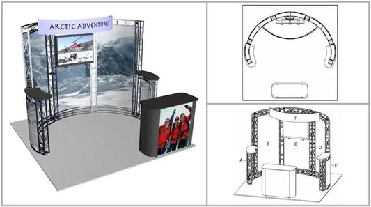 Tahoe 10x10ft Truss Trade Show Display design rendering with Arctic Adventure branding, featuring winter sports imagery and a counter, Iconic Displays
