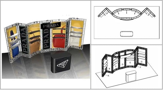 Bayview 10x20ft Turnkey Trade Show Booth Rental design rendering with Prada branding, featuring a curved multi-panel display and counter, Iconic Displays