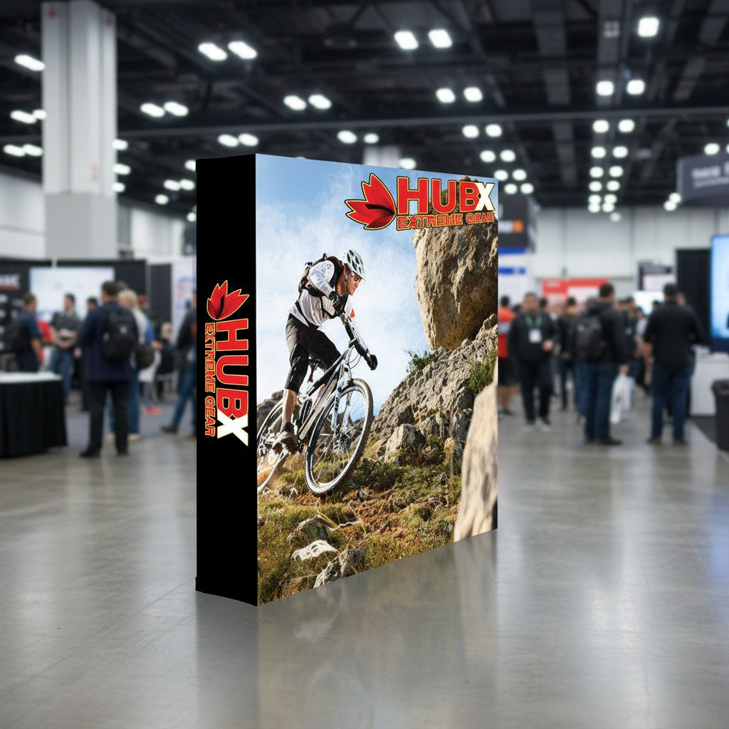 Mid-size fabric trade show display at a small booth