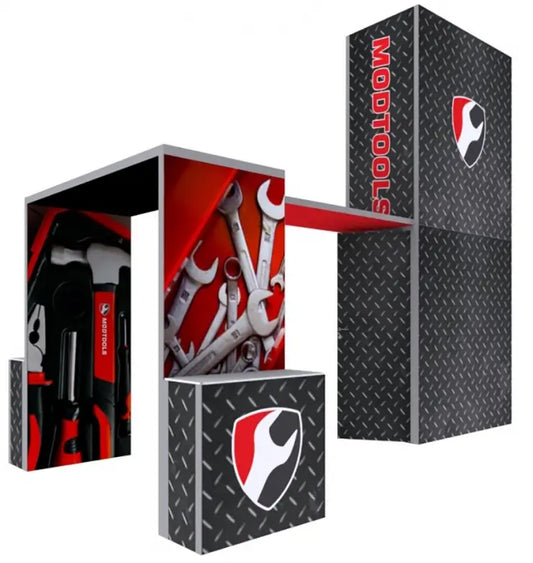 Bellagio 20x20ft Pro Modular Display with a central tower and four curved sections, Iconic Displays