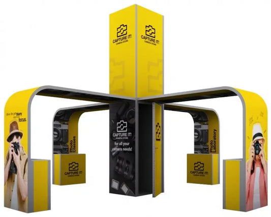 Lugano 30x30ft Pro Modular Display with Capture It branding, featuring a central tower and four curved sections with photography-themed graphics, Iconic Displays