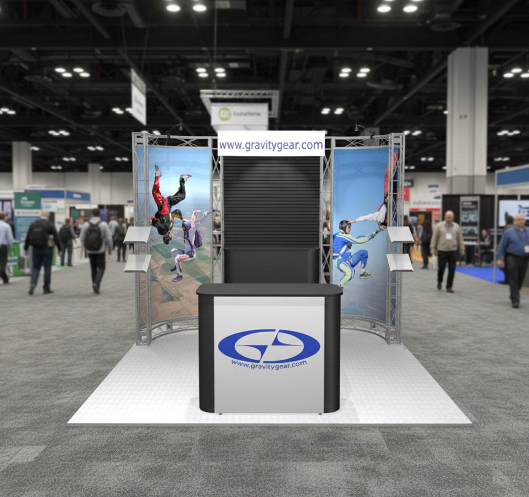 Turnkey trade show booth rental set up on an exhibition hall floor