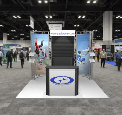Turnkey trade show booth rental set up on an exhibition hall floor