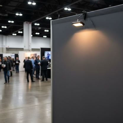 Display light fixture clamped on a booth backwall