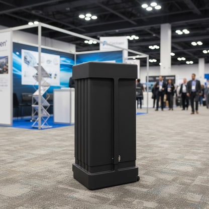 Wheeled trade show display case on an exhibition hall floor