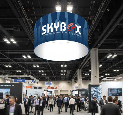 Hanging tension fabric sign above a trade show