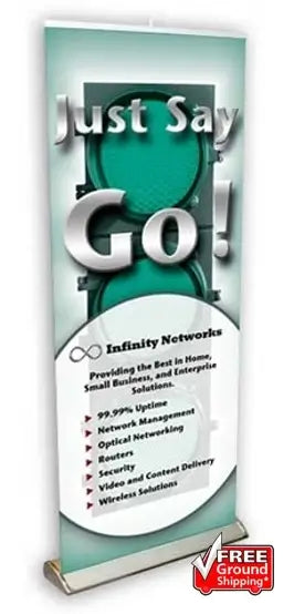A retractable banner stand with "Just Say Go!" text, Infinity Networks logo, and a "Free Ground Shipping" badge. - Iconic Displays