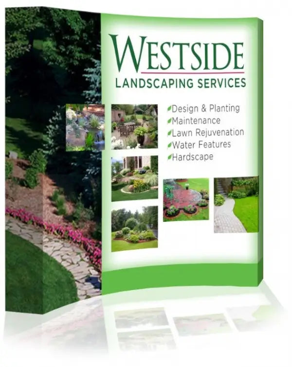 A display stand with the "Westside Landscaping Services" logo and a list of services, featuring images of landscaped gardens and pathways. - Iconic Displays