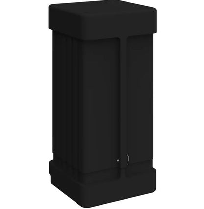 A black, rectangular, wheeled display case with a handle on the side, designed for transporting trade show displays