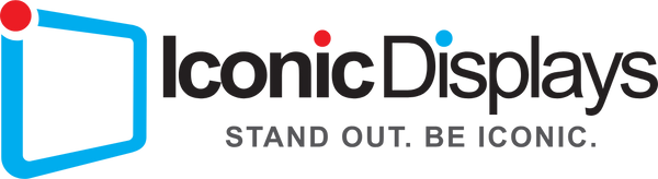 Iconic Displays logo with a modern design, featuring bold black text, a blue frame, and the tagline 'Stand Out. Be Iconic.'