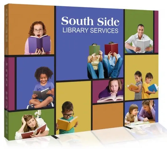 A display featuring a grid of photos showing people of different ages reading books, with the text "South Side Library Services" in the center. - Iconic Displays