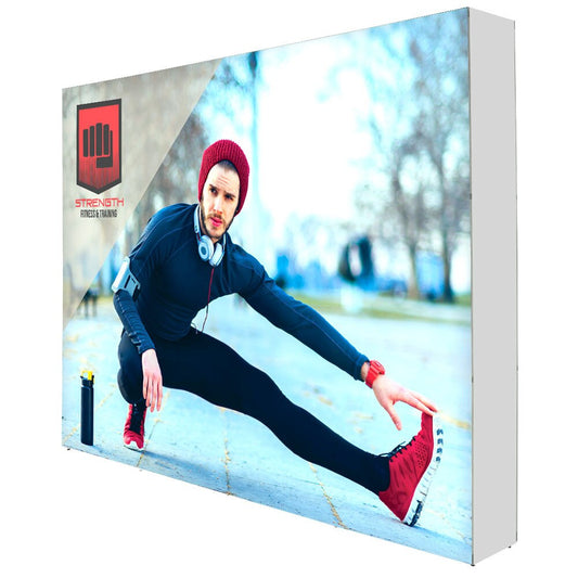 A 10ft x 7.5ft pop-up backlit display with a graphic of an athletic young man stretching outdoors