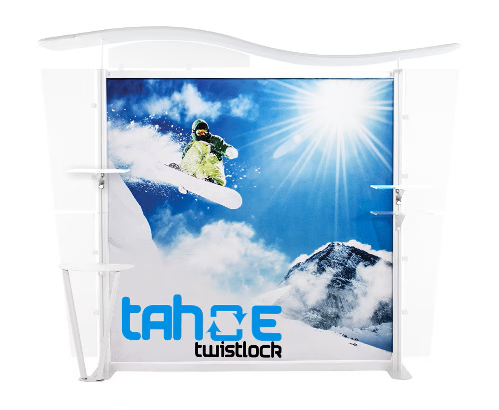 Tahoe Twistlock booth with a dynamic snowboarder graphic against a snowy mountain.