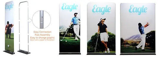 A tension fabric banner stand featuring a series of images depicting golfers with the "Eagle" logo. - Iconic Displays
