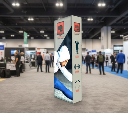 LED backlit banner stand illuminated on a trade show floor