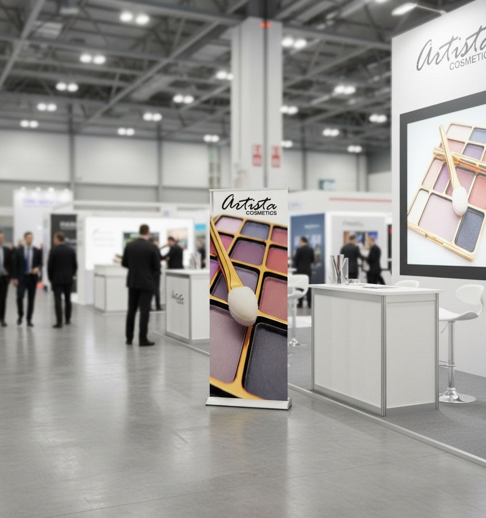 Compact banner stand at a small event table
