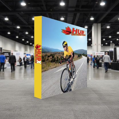 10x10 fabric pop up backwall standing on a trade show floor