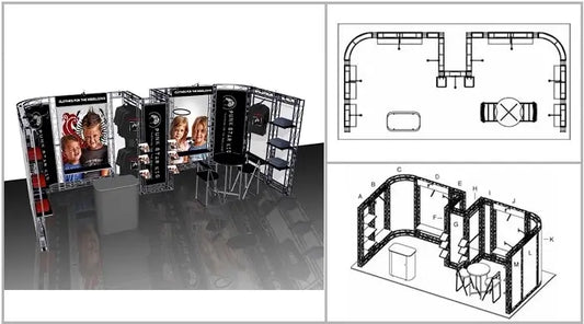 Digital rendering of a Salinas 20ft Truss Booth, shown in three views: perspective, top-down plan, and exploded diagram.