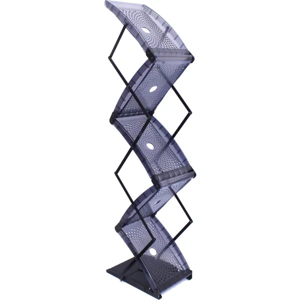 Quantum double sided  literature rack with a zigzag design and multiple display shelves.