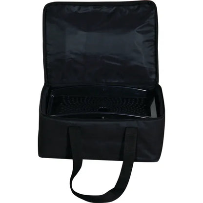 Open black carrying case with durable fabric, handle straps, and internal compartments for storage.