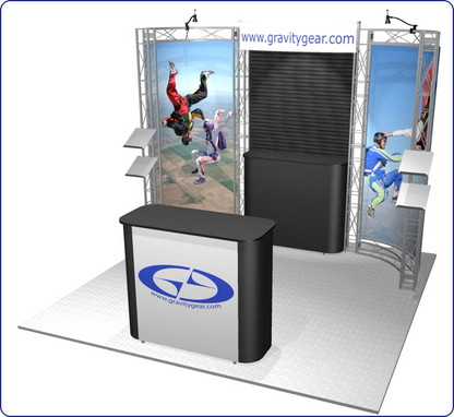 Gravity Gear booth with skydiving graphics, shelves, and branded display counter.